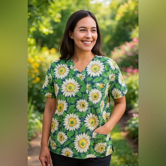 VTG S.C.R.U.B.S. Scrub Top Adult Medium Green Made USA Sunflower Floral Boho - Picture 1 of 7